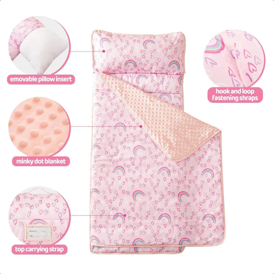 Toddler Nap Mat Girls Pink Rainbow Sleeping Bag with Pillow and Blanket