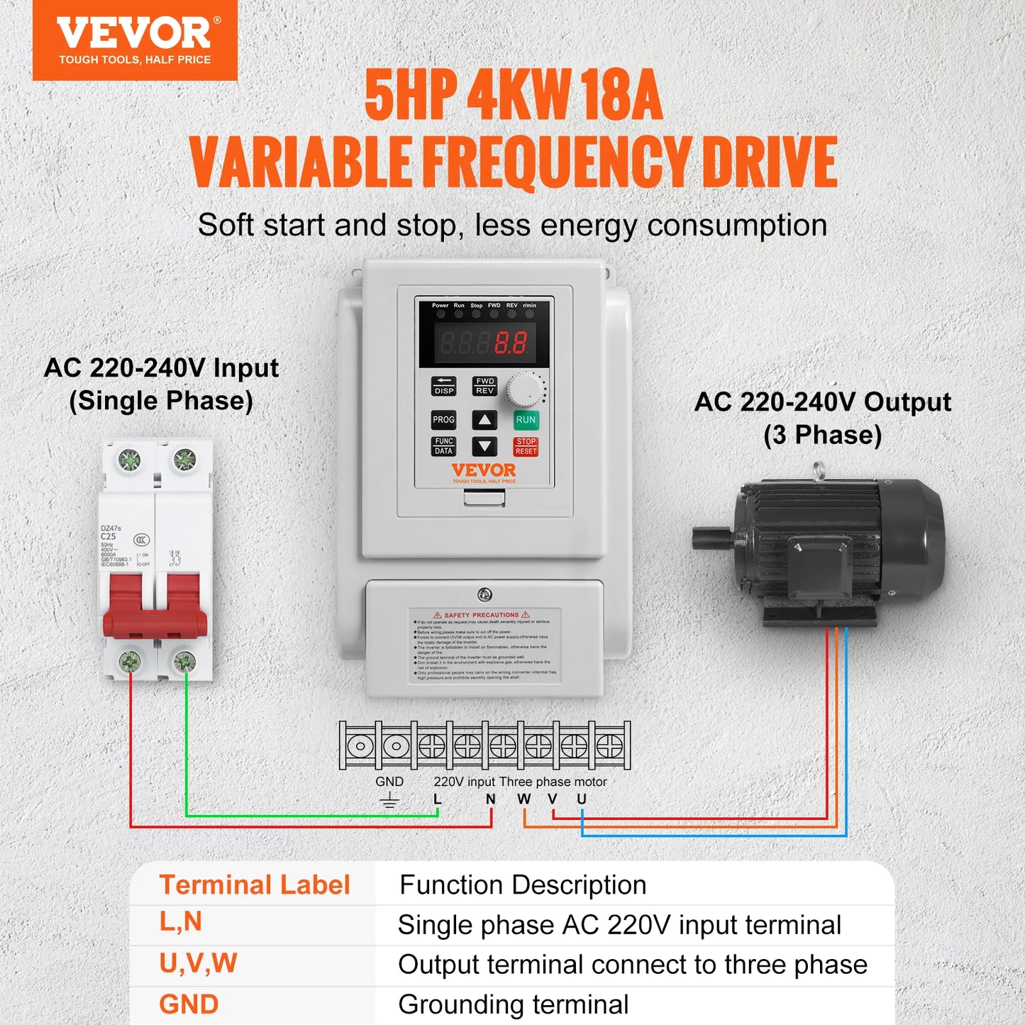 5HP4KW Single Phase 220V-240V Input to 3 Phase 220V-240V Output Variable Frequency Drive for AC Motor Speed Control