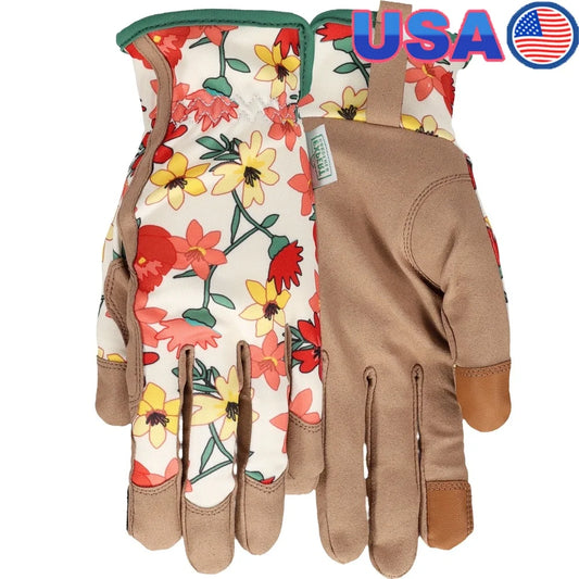 Durable Floral Gardening Gloves with Synthetic Leather Palm Elastic Wrist Touchscreen Feature Comfortable Outdoor Use