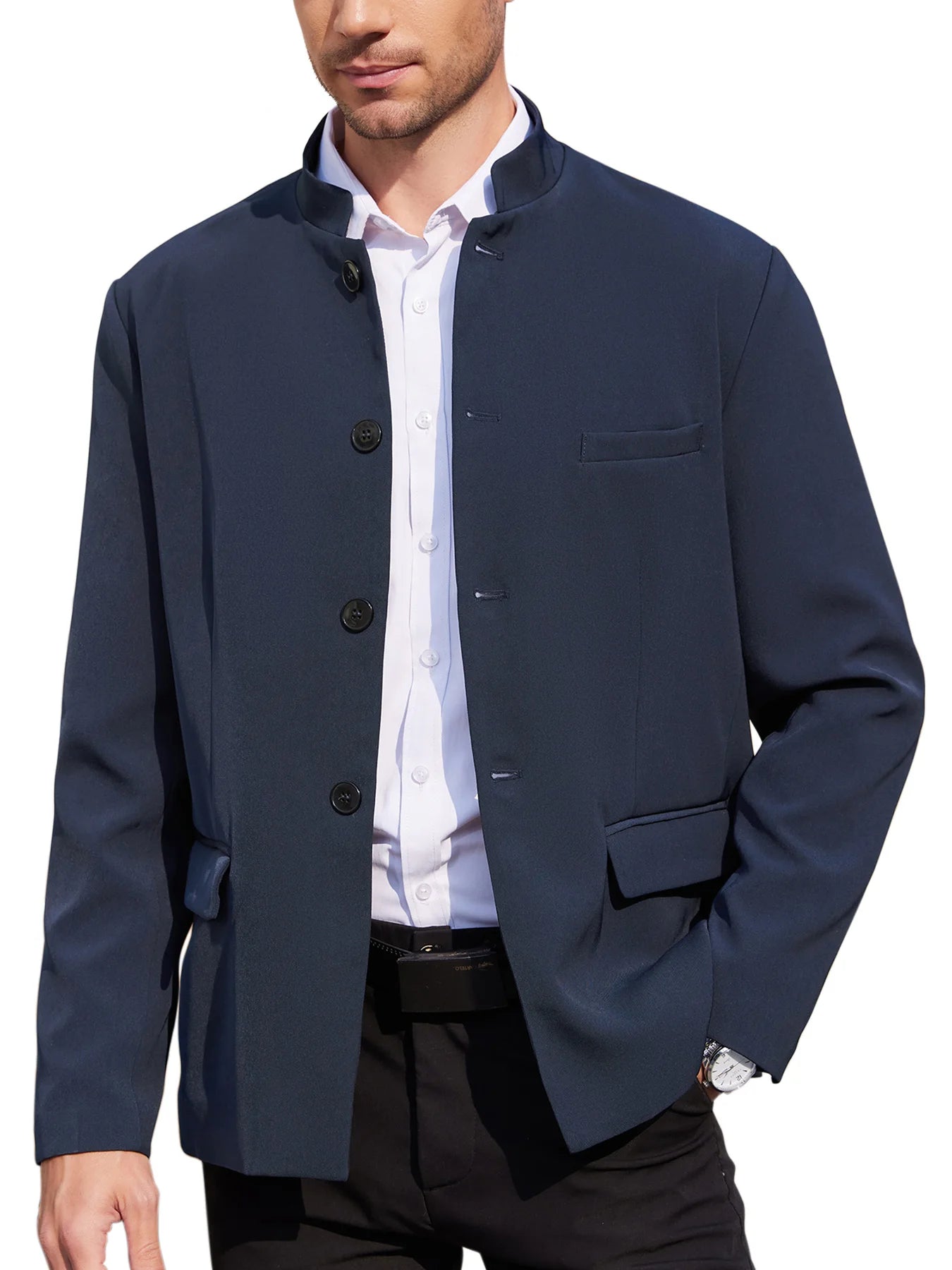 Mens Casual Suit Blazer Stand Collar Lightweight