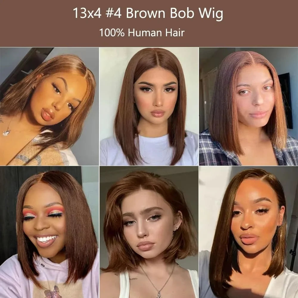 220 Density Full Frontal 13x4 HD Transparent Lace Wig, #4 Chocolate Brown, Straight Short Human Hair