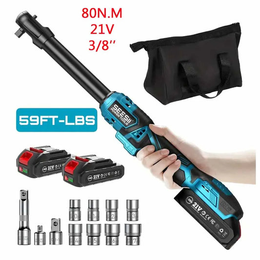 3/8" 21V Cordless Electric Wrench 80Nm, 6.3'' Extended Electric Ratchet Wrench, Rechargeable Angle Wrench Car Repair Tools