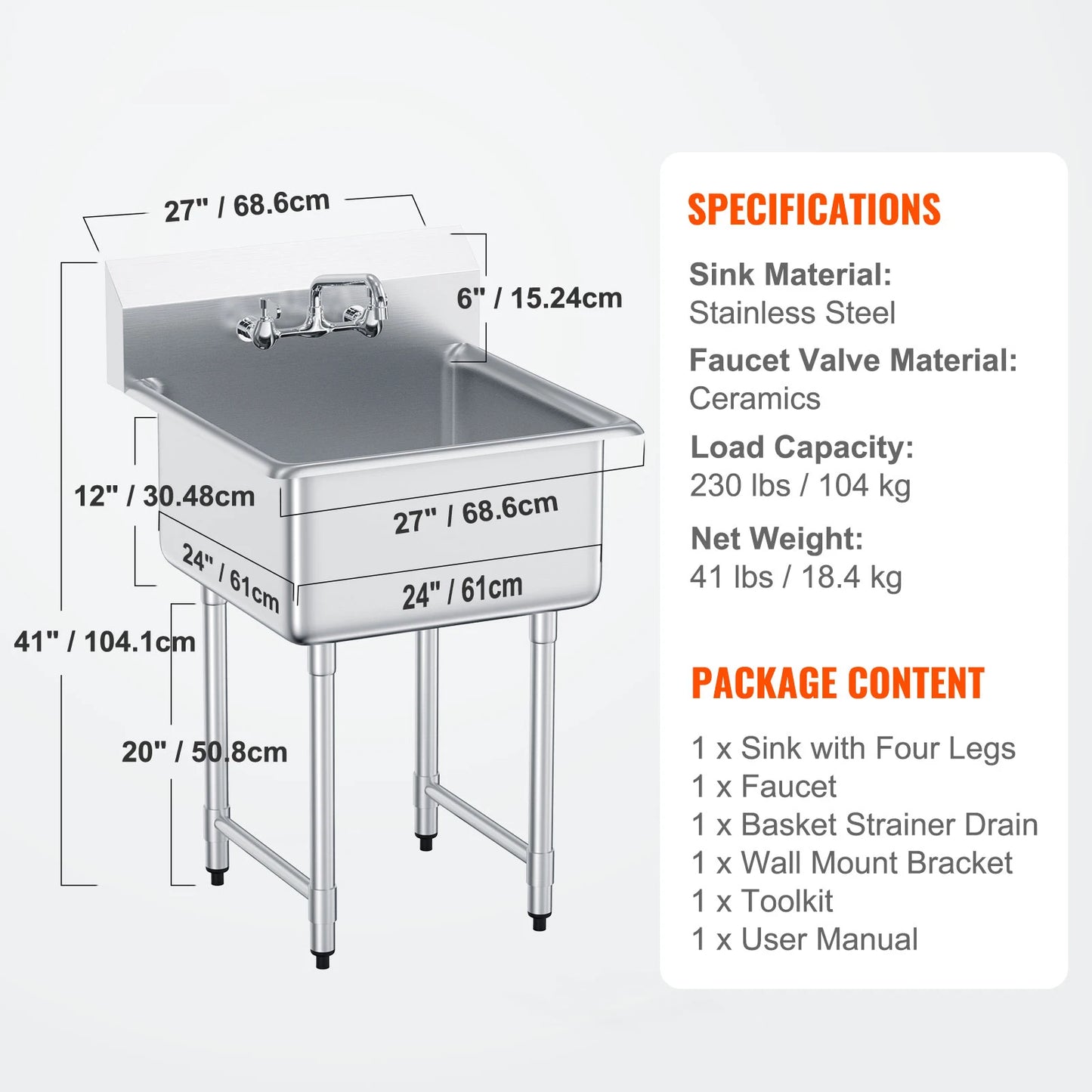 Stainless Steel Prep & Utility Sink, Free Standing Small Sink. Commercial Single Bowl Sinks for Garage Restaurant Kitchen