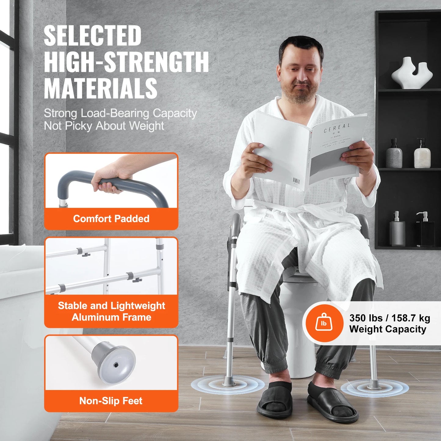 Raised Toilet Seat, 7-Position Height Adjustment 19.3" - 25.2" 350lbs Weight Capacity with Comfort Padded Aluminum Frame