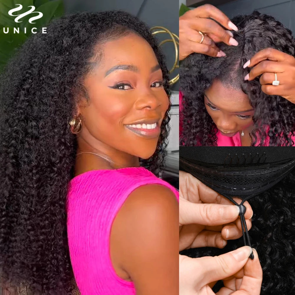 Kinky Curly V Part Wig With Drawstring Fit For All Head Sizes, No Glue Clip-In