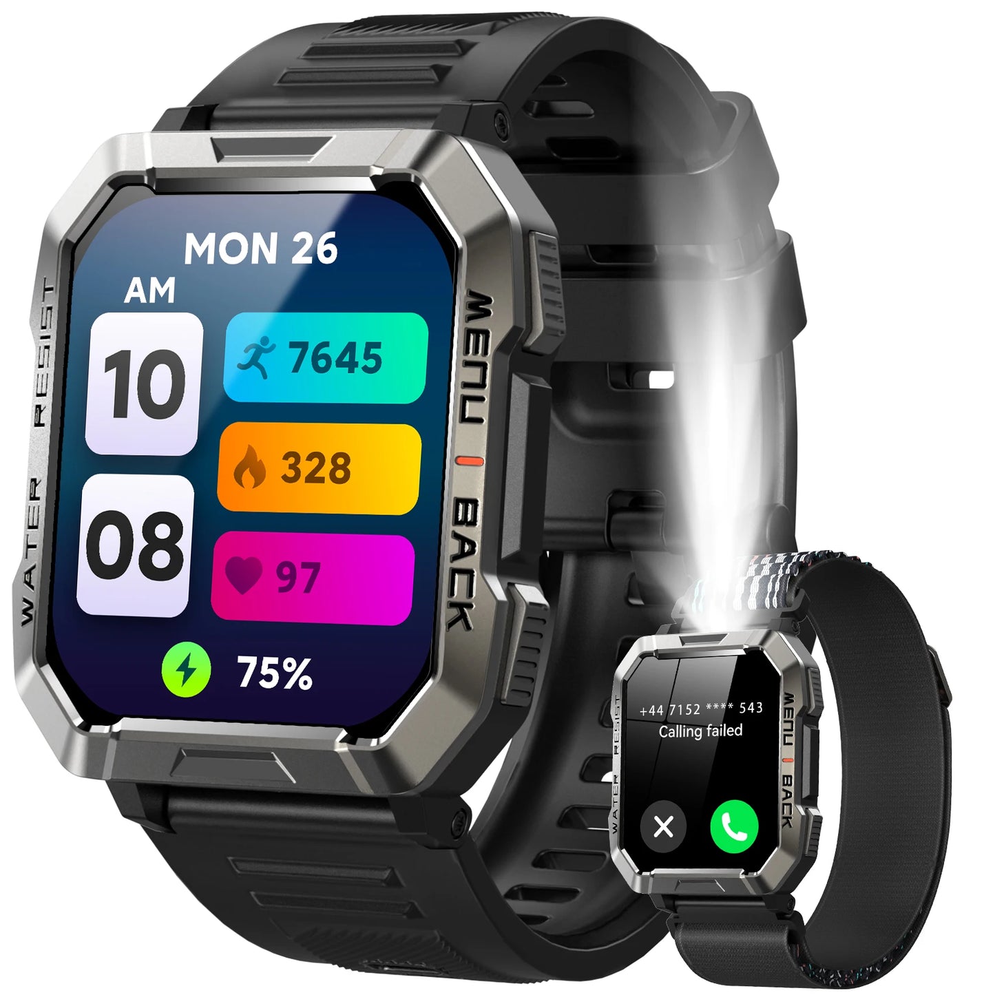 Smart Watch 2.01'' HD Display Outdoor Men's Watches with Emergency Lighting Bluetooth Call Waterproof Smartwatch