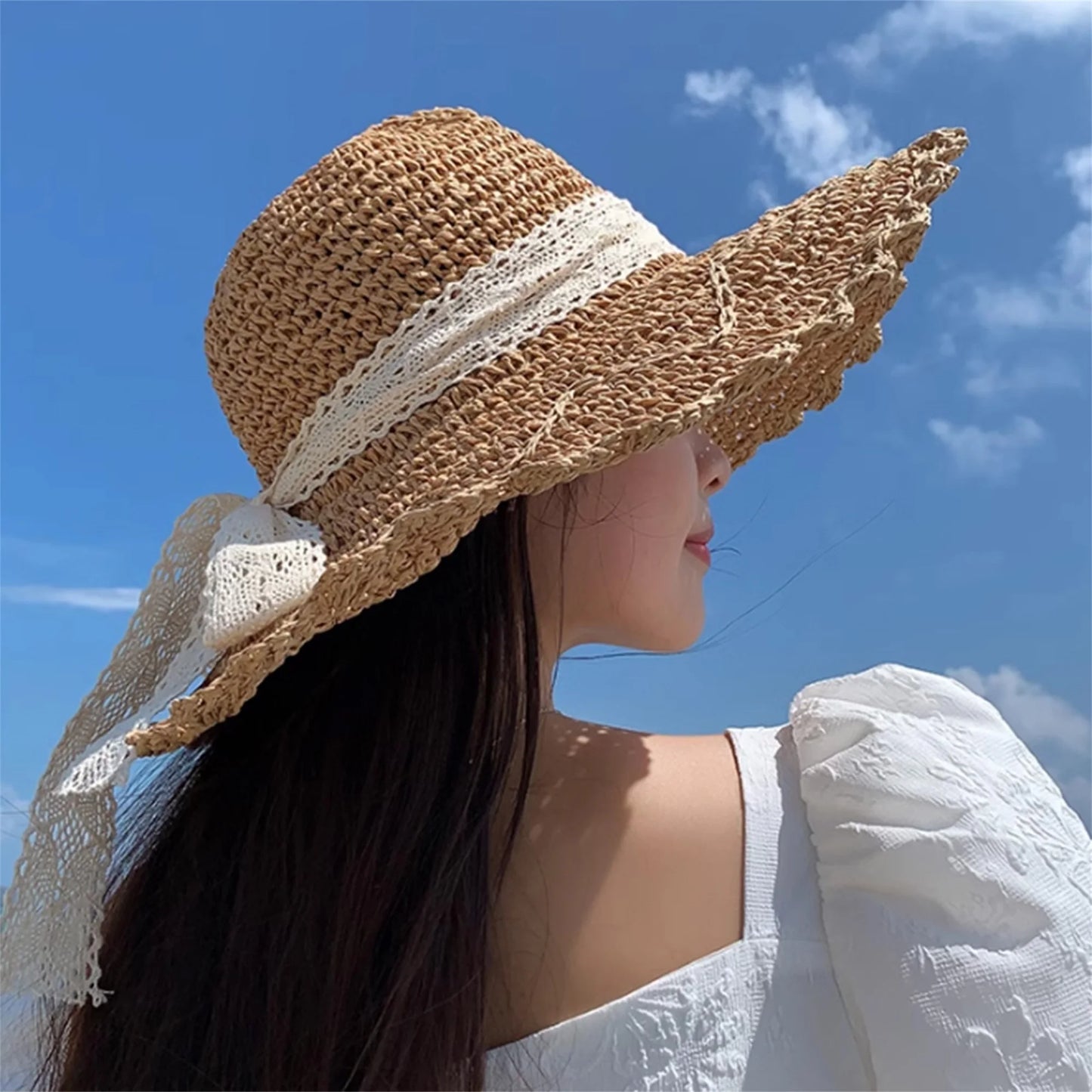 Elegant Floral Print Wide Brim Sun Hat with Bow Decoration, Breathable