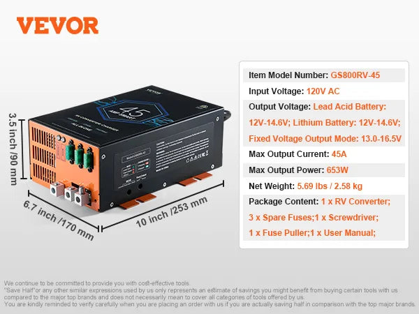 RV Converter 45/55/80Amp 110V AC to 12VDC Battery Charger 4Stage Smart Charging 13V to 16.5V Adjustable Operating Range
