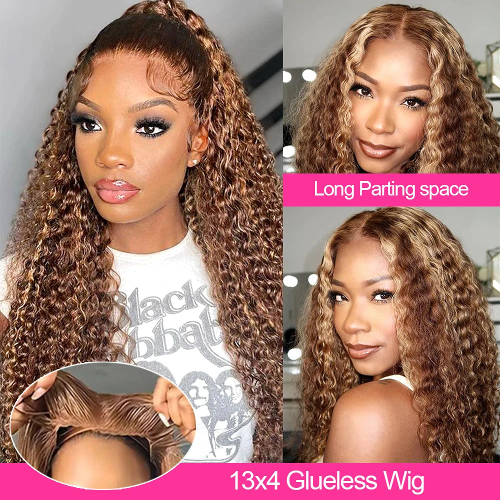 Wear and Go Glue less Wigs, Highlight Ombre Curly Wigs Brown 13x4 HD Lace Frontal Human Hair Wigs