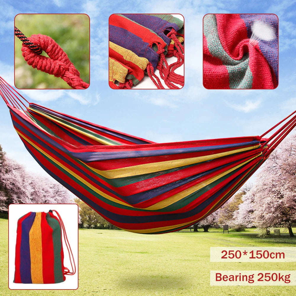 Camping Thickened Durable Fabric Canvas Hammock Swing with Tree Ropes, Anti Rollove,r Striped Hanging Hammock