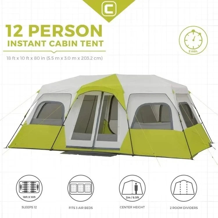 12 Person Instant Cabin Tent | 3 Room Huge Tent for Family with Storage Pockets for Camping Accessories