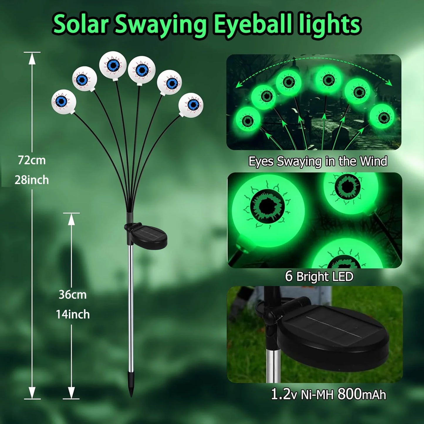 2/4/6 Pcs Solar Powered Eyeball Lights, Fluorescent Halloween Outdoor Decor for Scary Yard Atmosphere