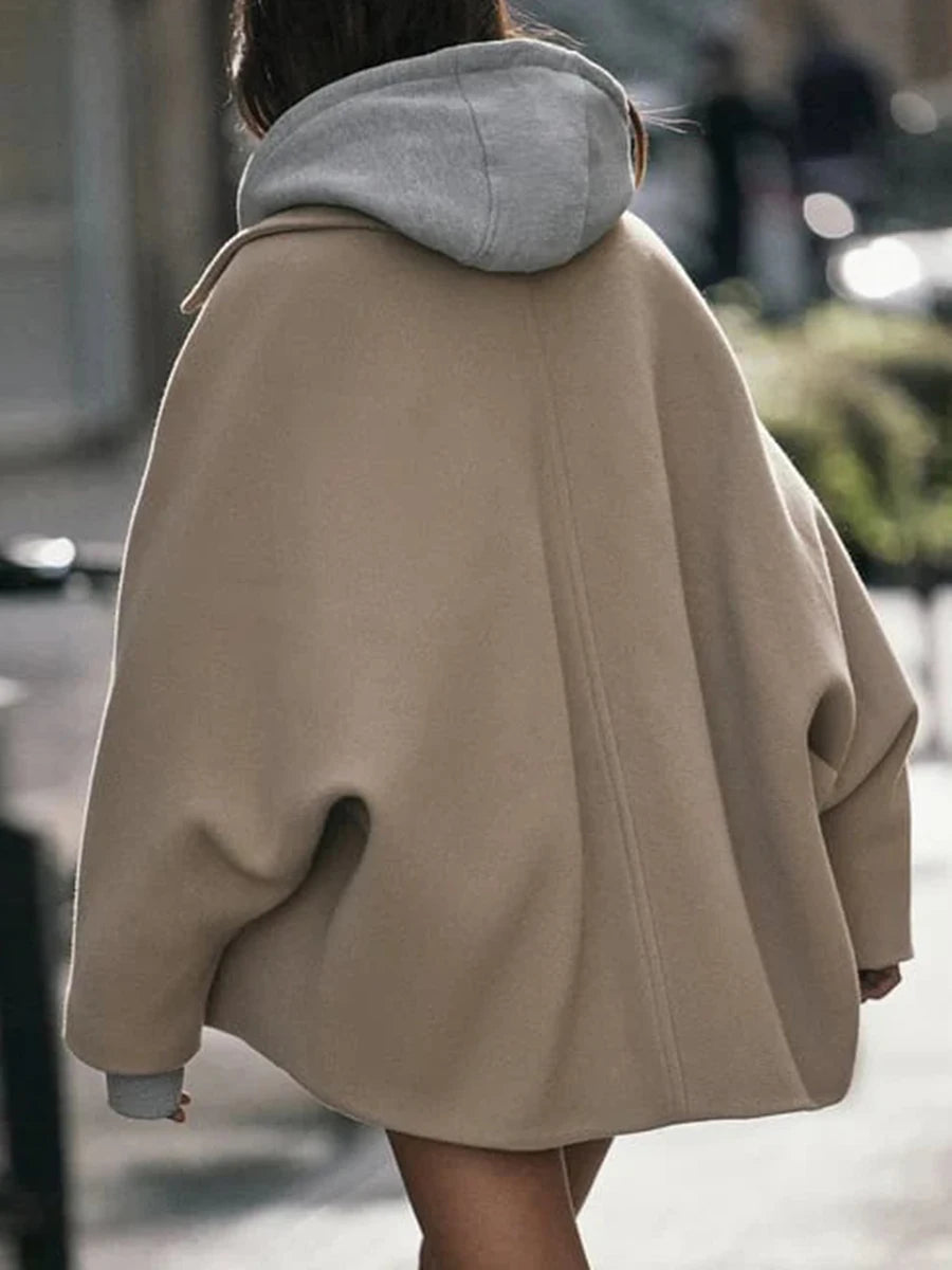 Women s Winter Oversized Wool Jacket with Batwing Sleeves and Lapel Collar Button Closure Solid Color Loose Fit