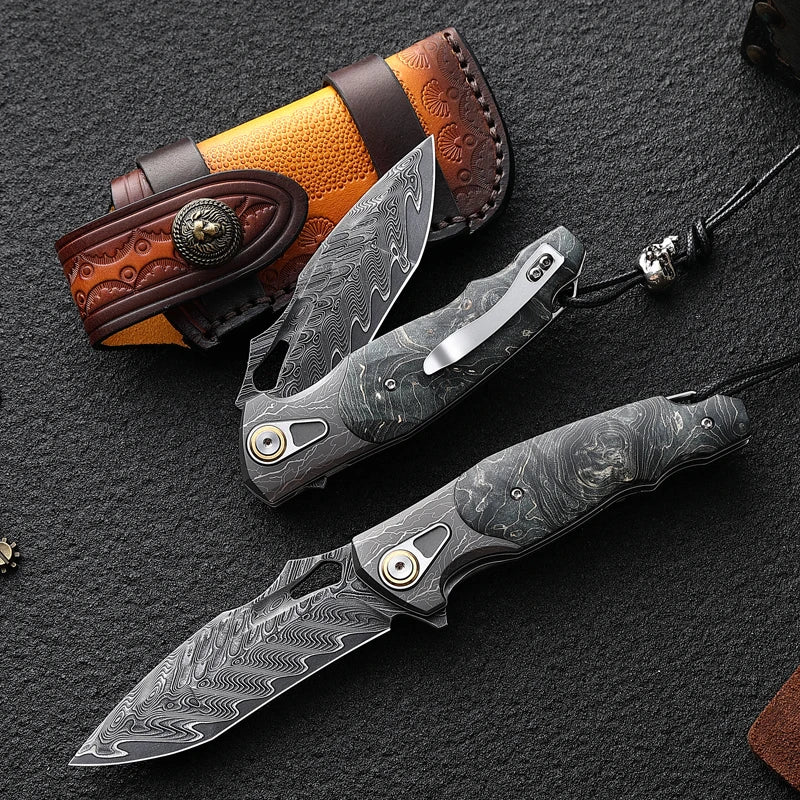 Faca dobrável para homem de alta qualidade, canivete de aço de Damasco, EDC Camping Hunting, Faca de aventura de alpinismo