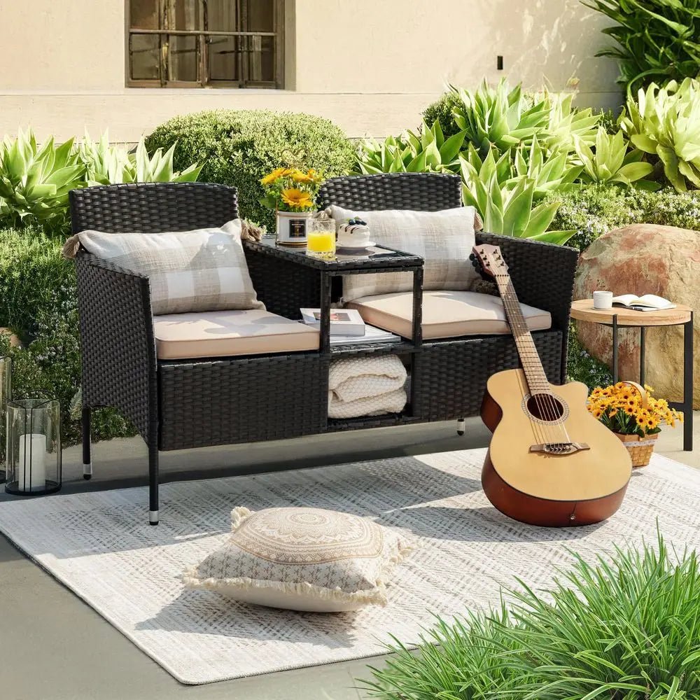 Outdoor Patio Loveseat, Modern Rattan 2Seat Patio Set with Cushions, Coffee Table
