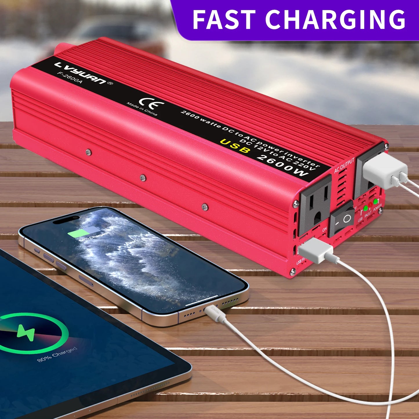 AC110V Power Inverter DC/AC 12V to 120V Car Inverter, 60Hz Outdoor Battery Adapter