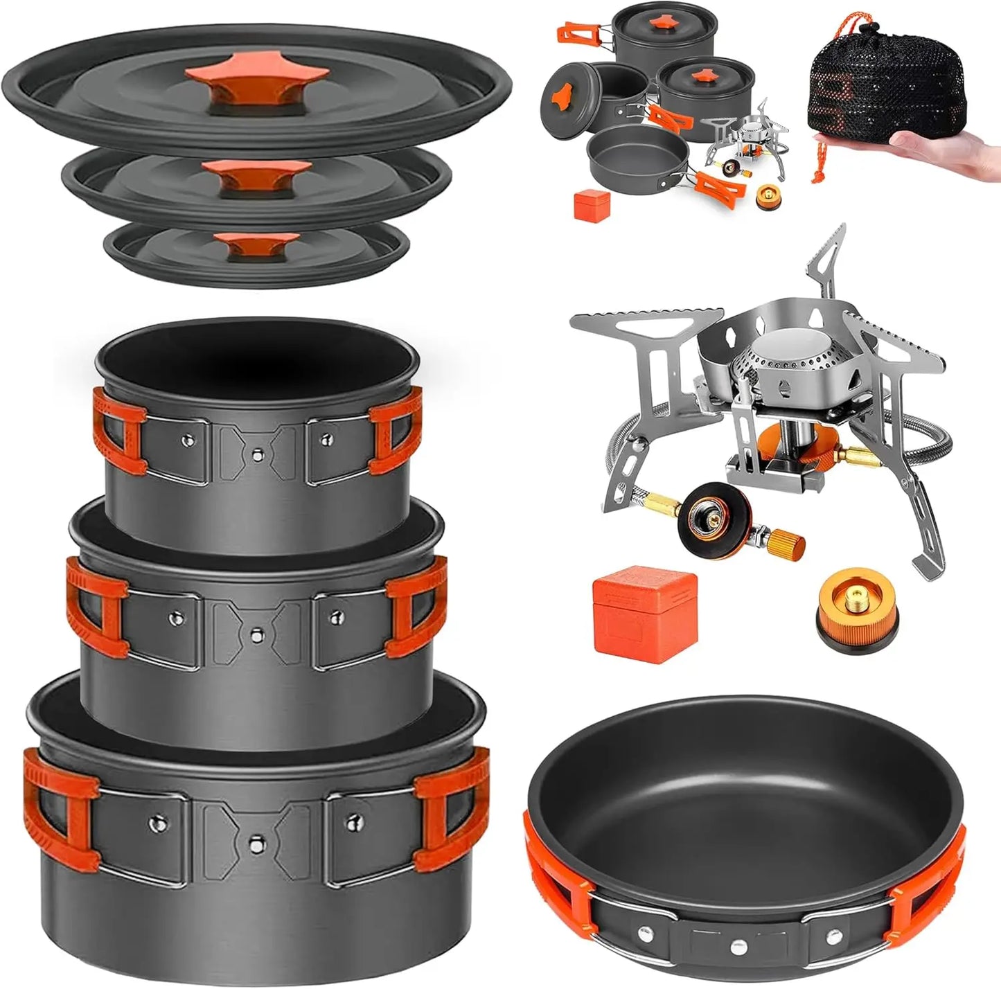 Camping Cookware Mess Kit Set with Stove - Backpacking Camping Pots and Pans Set All in One Non-Stick Cooking