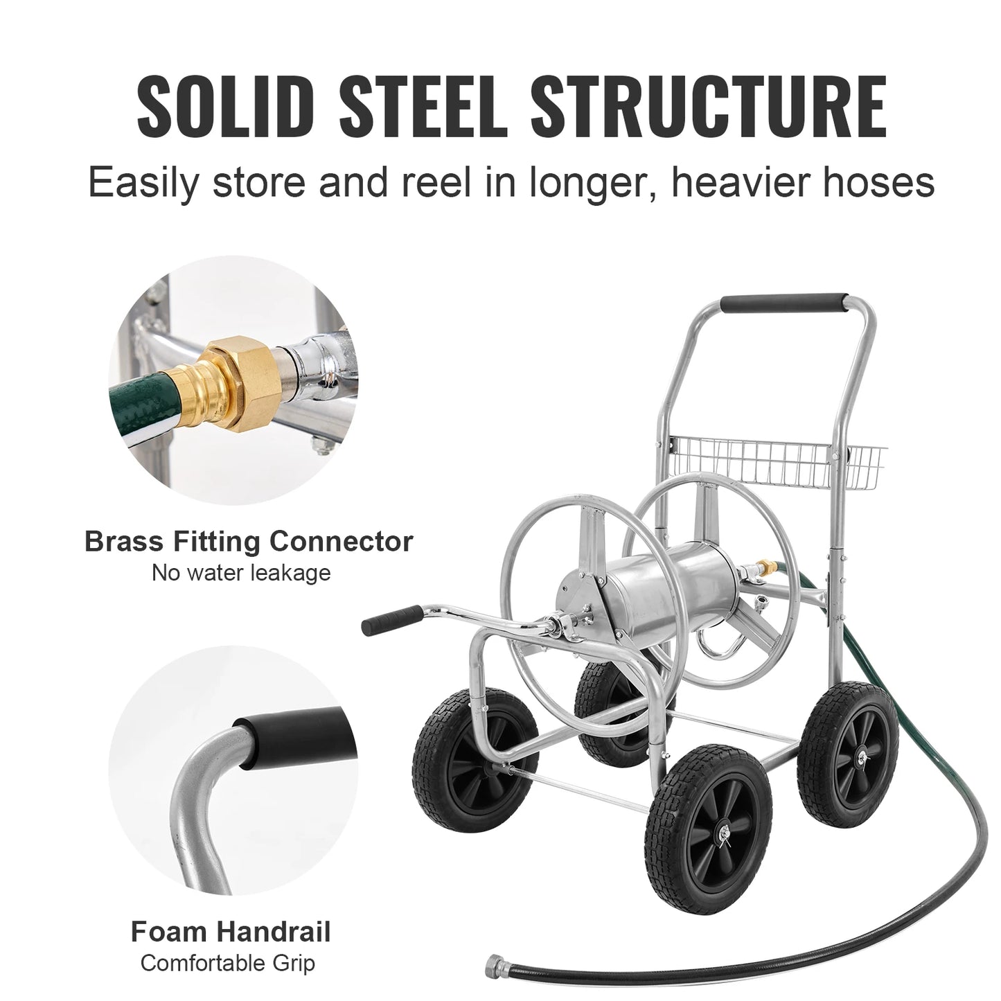 Hose Reel Cart 250ft Heavy Duty Garden, Yard Planting, W/ Basket. Effortless Roll-up