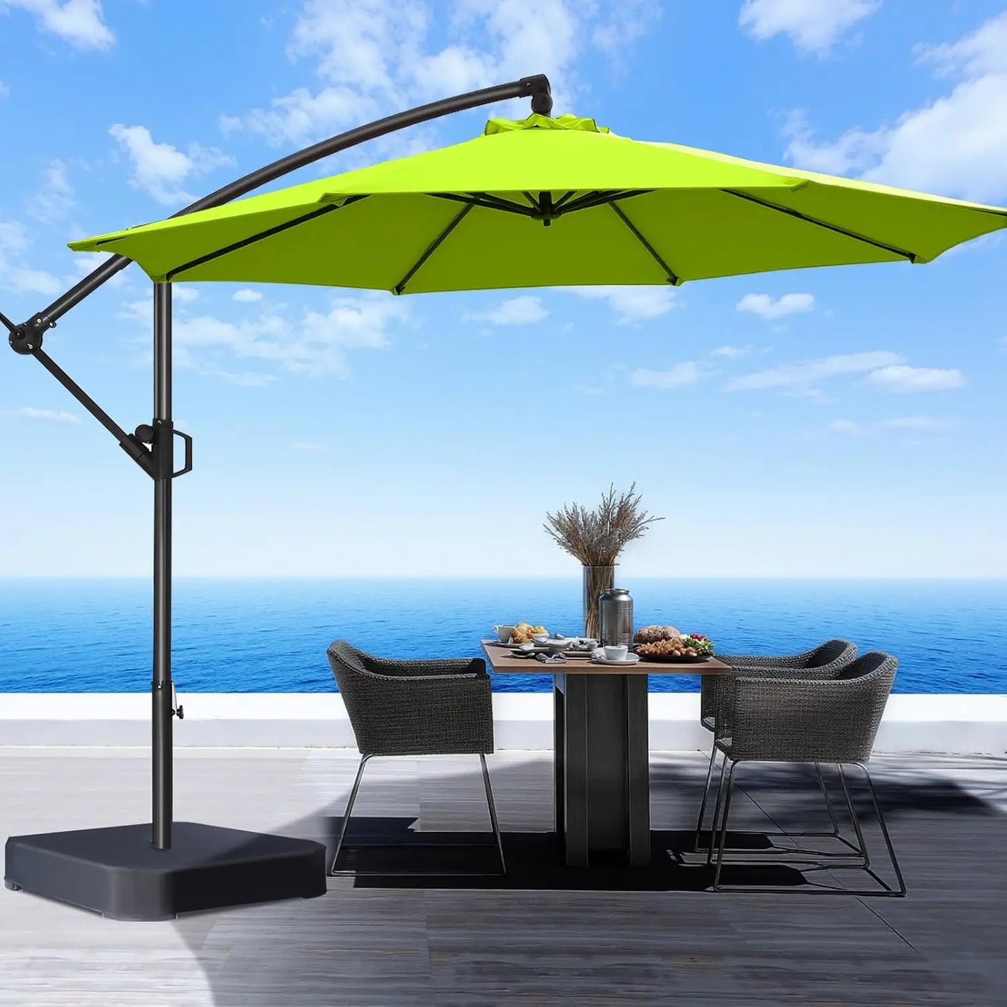10ft Offset Patio Umbrella - w/Base, Cantilever Offset Hanging Patio Outdoor Umbrella. UPF50+ UV Protection