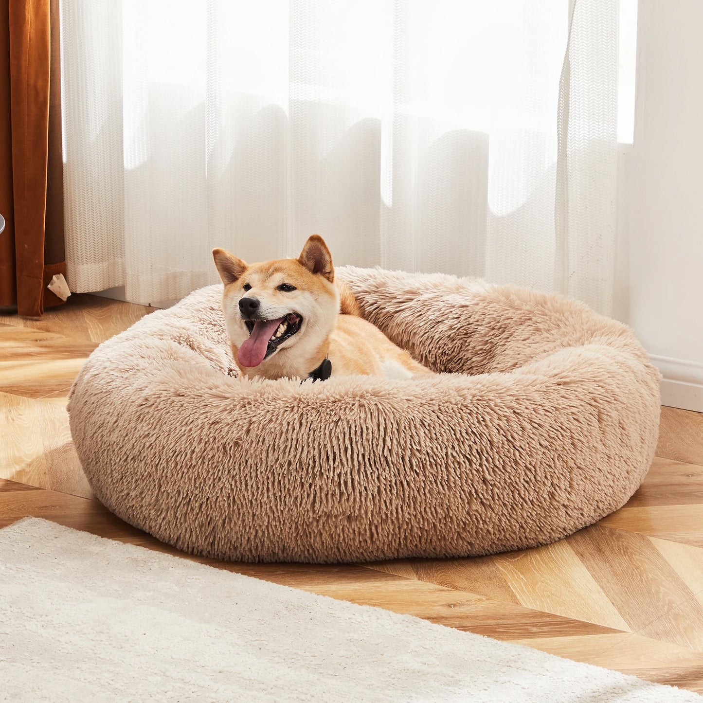 Calming Dog Bed for Medium to Large Dogs, Washable Large Pet Bed Anti-Slip Round Fluffy Plush Faux Fur Dog Bed