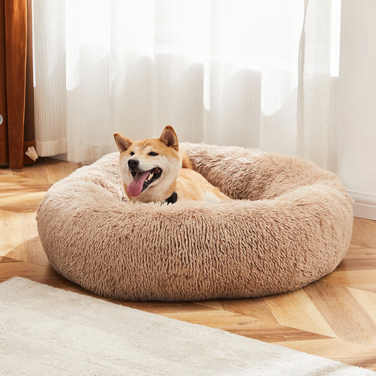 Calming Dog Bed for Medium to Large Dogs, Washable Large Pet Bed Anti-Slip Round Fluffy Plush Faux Fur Dog Bed