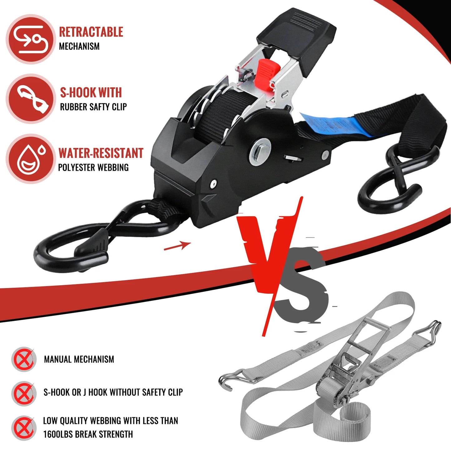 Automatic Ratchet Straps, 2/4/8Pcs, 3Mx25mm, Self-retracting Ratchet Straps with S-hooks 748Kg Breaking Strength Tie-down Straps