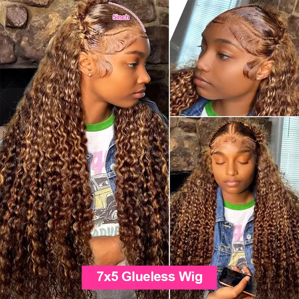 Wear and Go Glue less Wigs, Highlight Ombre Curly Wigs Brown 13x4 HD Lace Frontal Human Hair Wigs