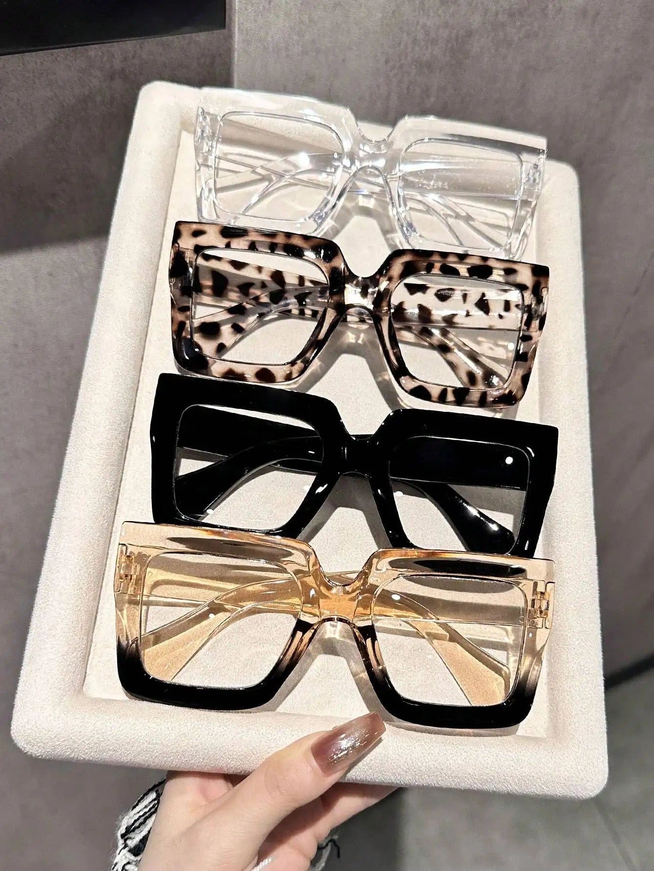 4-Pack Oversized Square Frame Plastic Sunglasses for Women - Clear, Leopard, Black, Gradient