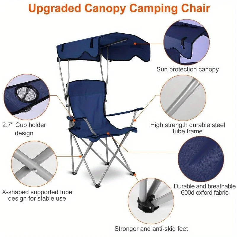 Camping Chair With Canopy, Outdoor Folding Lounge Chair With Adjustable UPF 50+ Sun Shade & Cup Holder