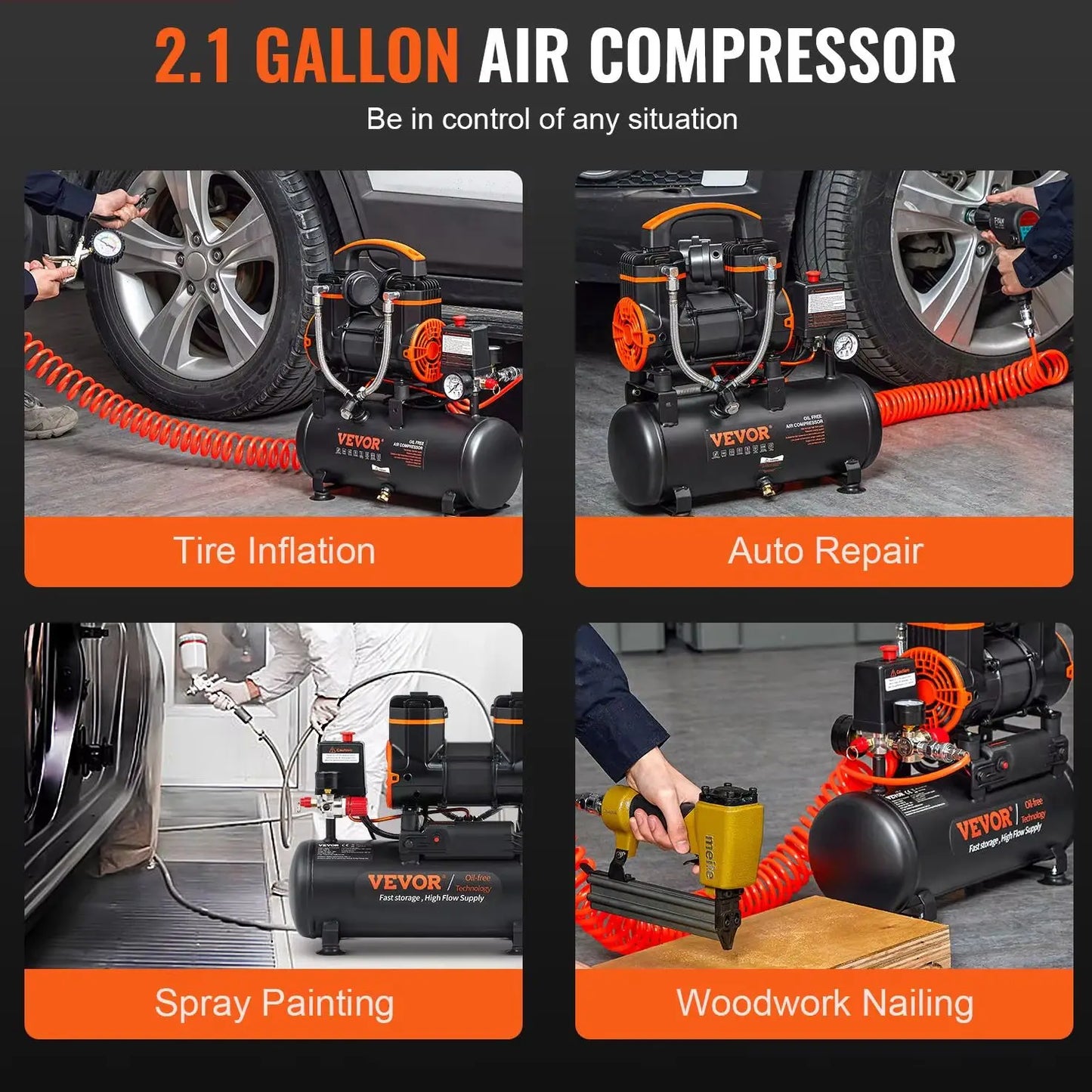 Silent Air Compressor, 900W/1450W/1800W. 120/240 V Quiet Oil-free Portable Air Pump. Inflates Tires, Balls, Air Mattress, Water Sports, Power Tools