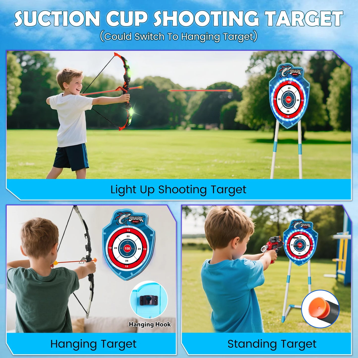 Night-Light Bow Arrow plus pistol Toy For Kids, Archery Stand Target Board Indoor Outdoor Game
