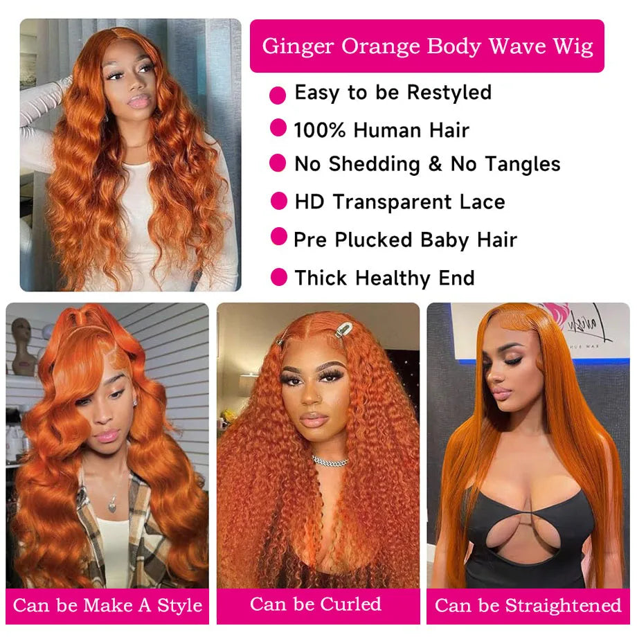 Orange Ginger Lace Front Wig, Human Hair Body Wave 13x6 HD Lace Frontal Wig Colored Brazilian Hair, Transparent Lace Wig