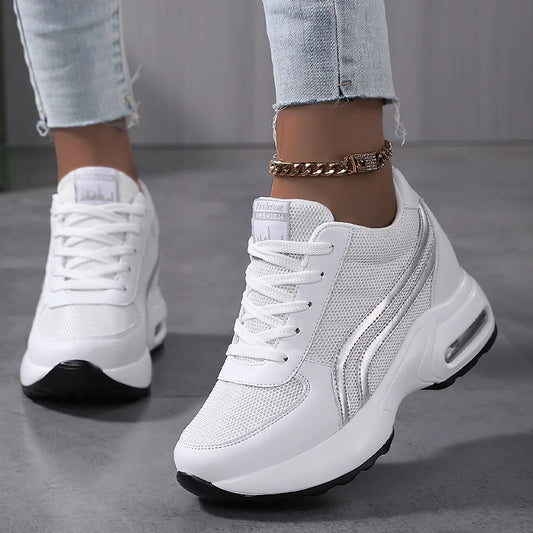 Women Air Cushion Sneakers Mesh White, Elevator
