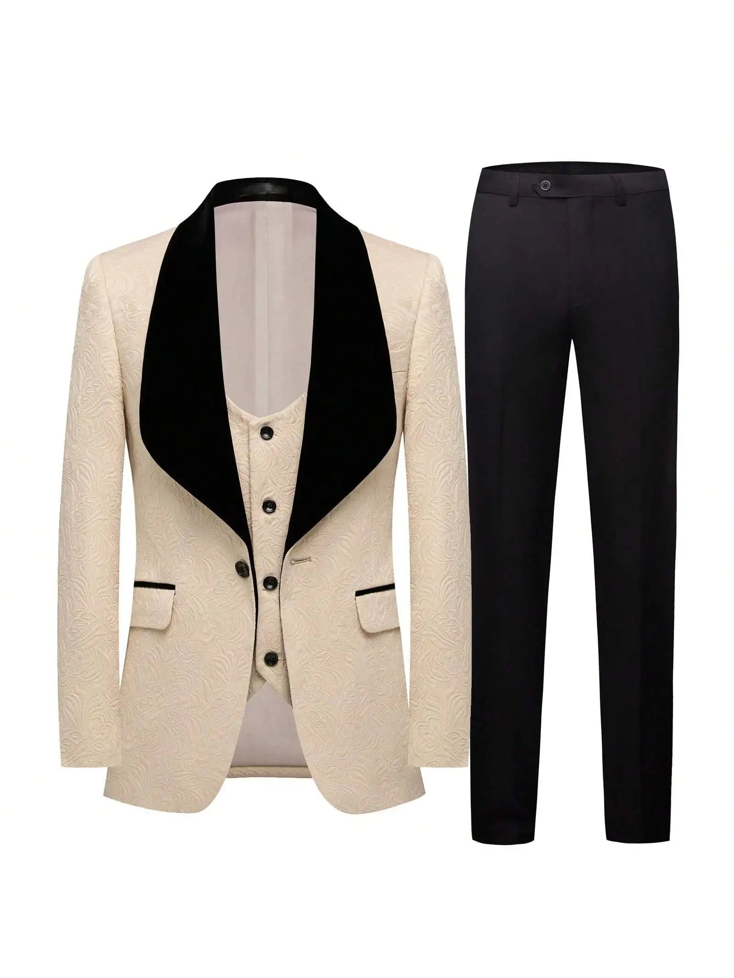 Mens 3 Piece Tuxedo,  Slim Suit Set, Paisley Blazer Vest and Pants