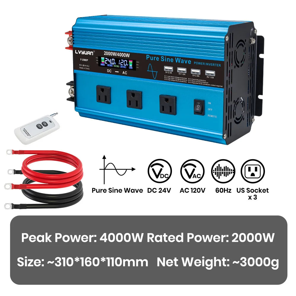 4000W Pure Sine Wave Inverter DC 12v/24v To AC 110v 60HZ Voltage Converter Car Solar Power Inverter