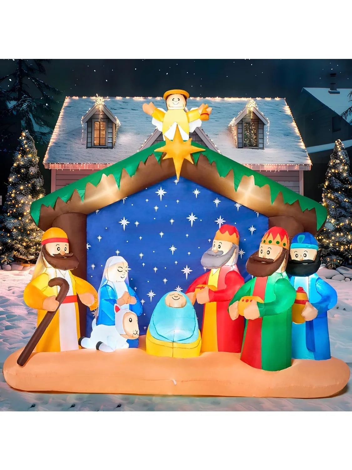 8 FT Long Christmas Inflatables, Nativity Scene Set with Build-in LEDs for Xmas Party Yard Décor