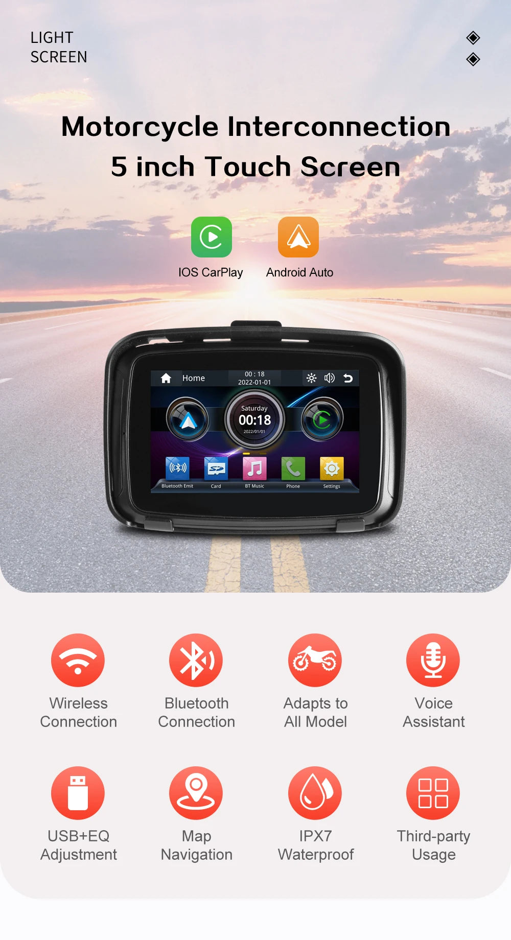 ROAD TOP Waterproof Outdoor Wireless Android Monitor for Motorcycle Navigation, Bluetooth