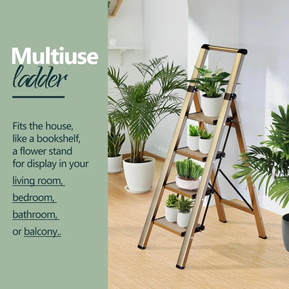 Gold 4 Step Ladder for 10 Feet High Ceiling, Lightweight Foldable Ladder with Non-Slip Wide Pedals, Safe Handrail