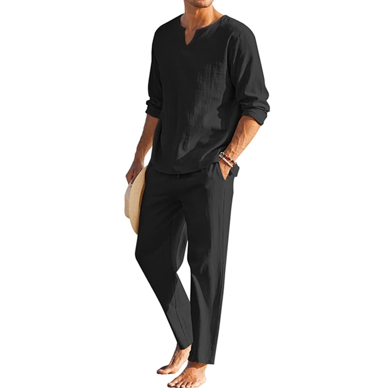 Men s Summer Cotton Linen Solid Color Long Sleeve Henley Shirt Elastic Waist Drawstring Pants 2 Pieces