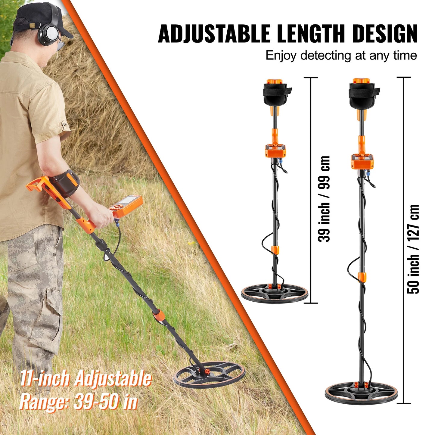 Professional Rechargeable Metal Detector 12" IP68 Waterproof Coil 39-50 in Adjustable + LCD 7Modes for Treasure Hunting
