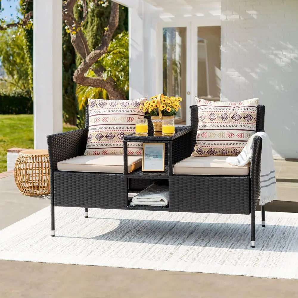 Outdoor Patio Loveseat, Modern Rattan 2Seat Patio Set with Cushions, Coffee Table