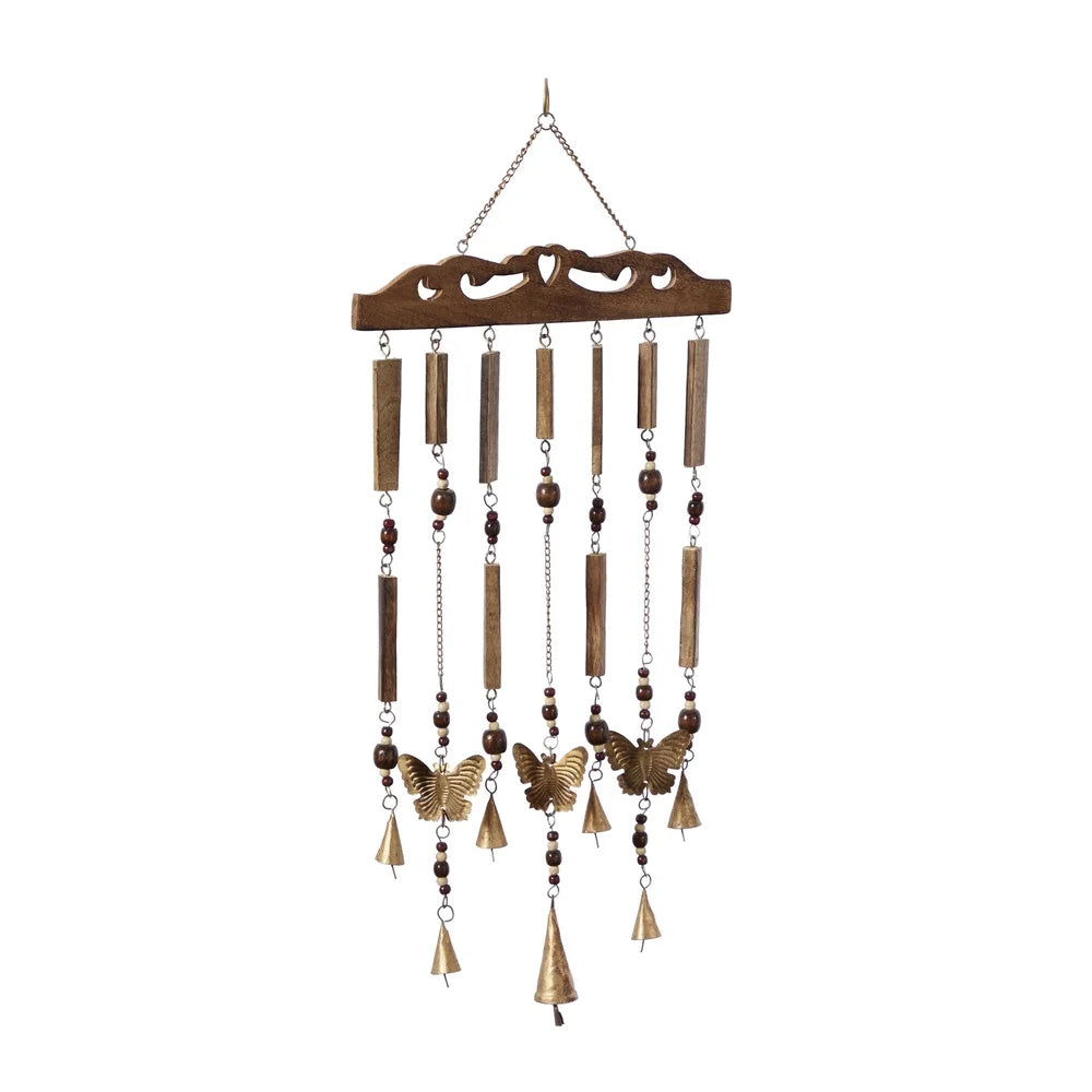 26 Inch Brown Wood Butterfly Wind Chime with Beads
