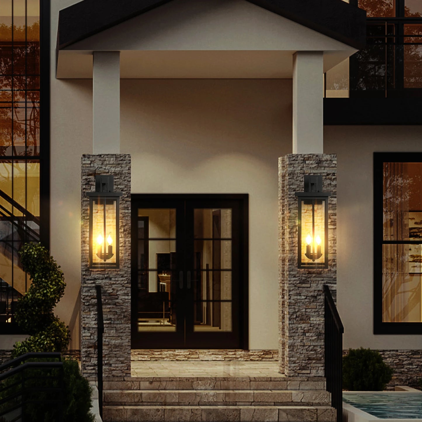 22"(H) Outdoor Wall Lantern with Dusk to Dawn Sensor. Matte Black Finish Clear Glass Panels, Weatherproof Exterior Light