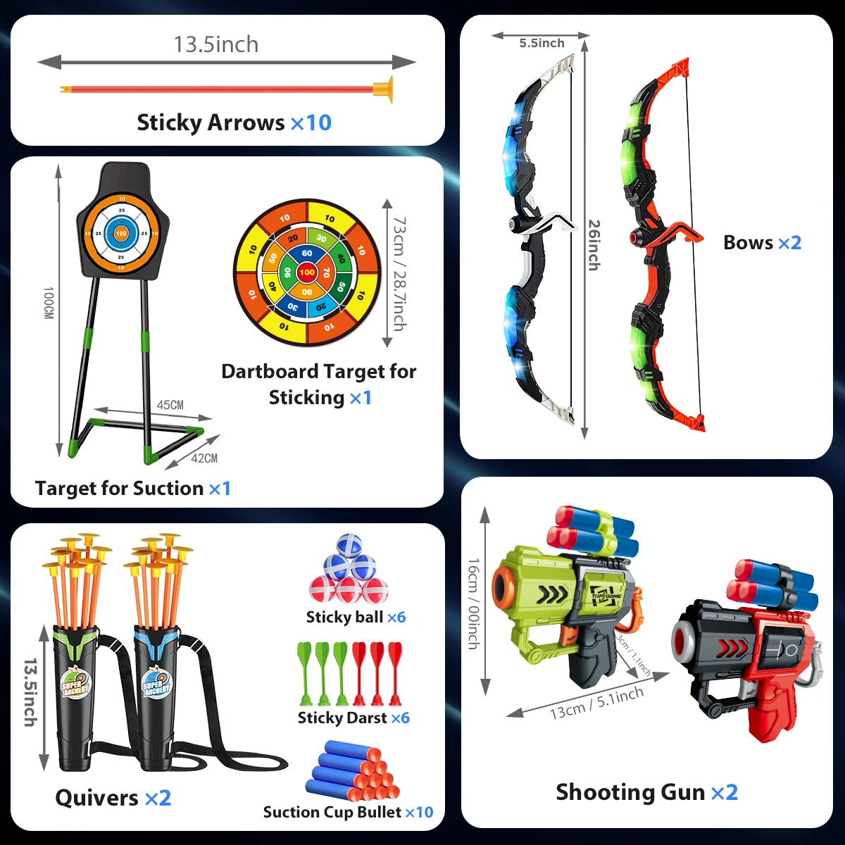 2X Bow and Arrow + Guns Toy For Kids, Night-Light Archery Stand Target Board Indoor Outdoor Game