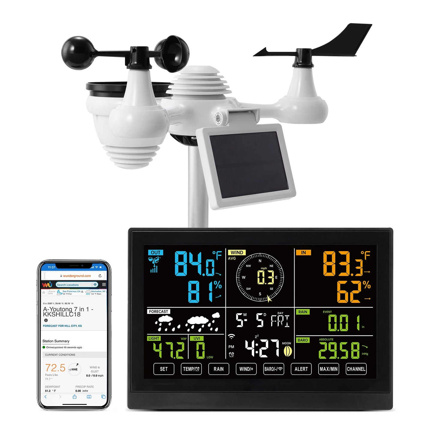 7-in-1 Wi-Fi Weather Station, 7.5 in Color Display + Solar Wireless Outdoor Sensor Alarm Alerts for Temperature Humidity