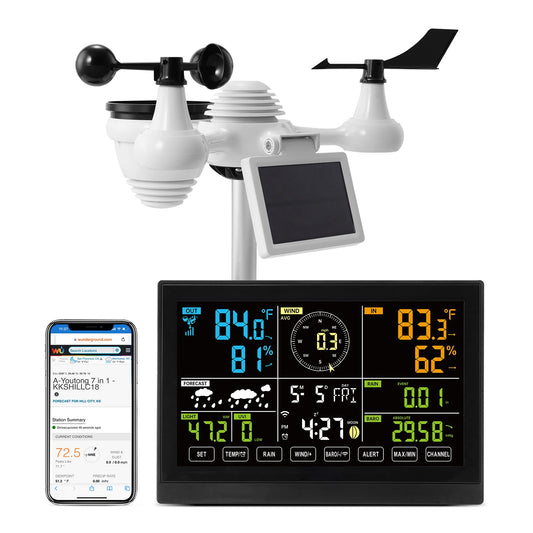 7-in-1 Wi-Fi Weather Station, 7.5 in Color Display + Solar Wireless Outdoor Sensor Alarm Alerts for Temperature Humidity