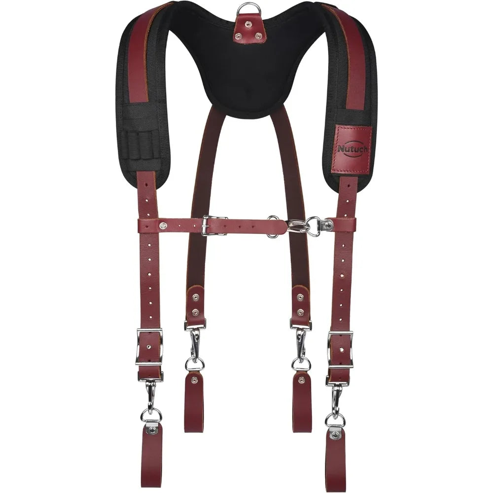Heavy Duty Leather Work Suspender With Pockets | Fully-Adjustable Padded Leather Tool Belt Suspenders for Men