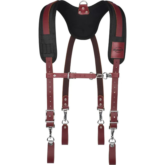 Heavy Duty Leather Work Suspender With Pockets | Fully-Adjustable Padded Leather Tool Belt Suspenders for Men