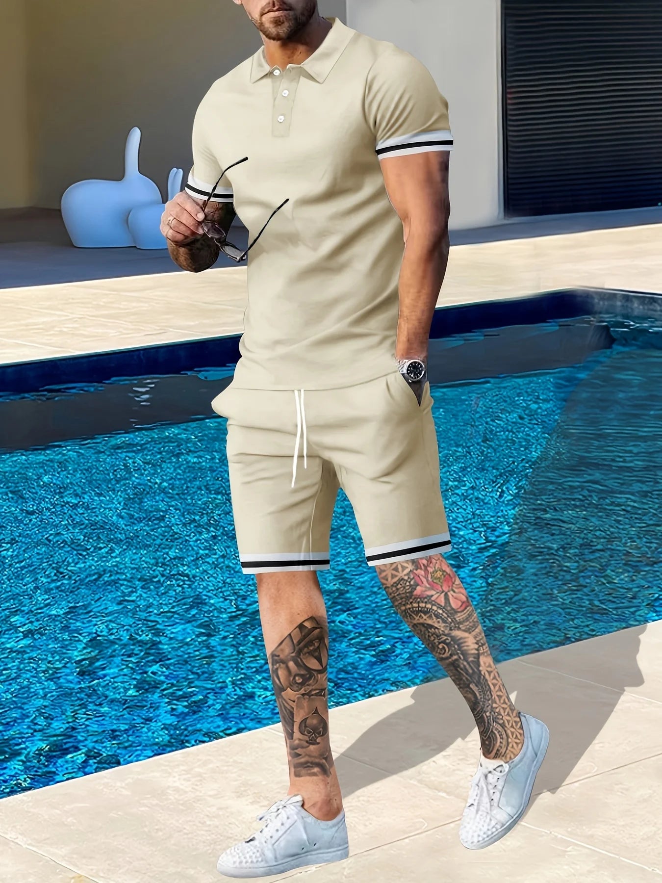 Men's Summer Short Sleeve Polo Shirt and Shorts, Two-Piece Set