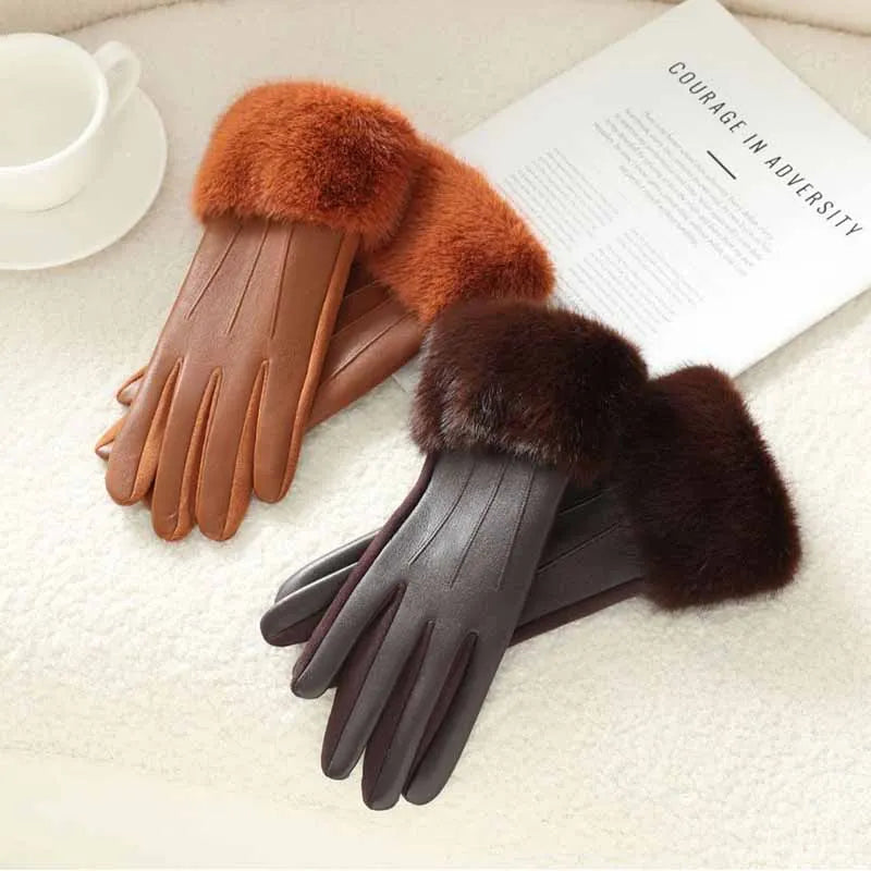 Winter Luxury Women's  Leather Gloves, Wrist Length Soft Faux Fur Trim Cuff